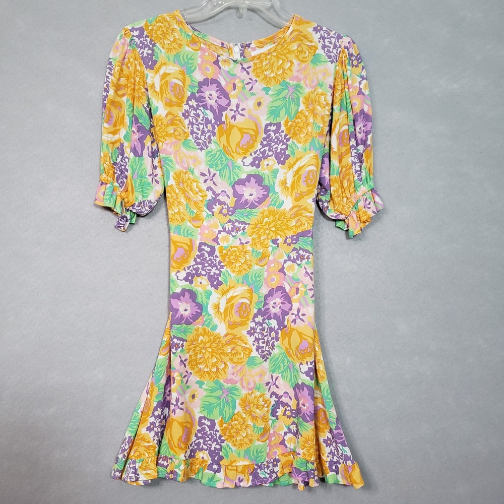 Faithfull The Brand Womens 4 Mini Dress Yellow Floral Puff Sleeve Garden Party